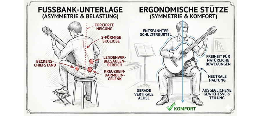 Eine detaillierte, vergleichende Collage-Zeichnung, die die Vorteile ergonomischer Gitarrenstützen gegenüber der traditionellen Fußbank zeigt. Das left Diagramm hebt die roten Schmerzzonen und körperlichen Belastungen (Skoliose, Beckenschiefstand, Lendenwirbelsäulen-Schmerzen) bei asymmetrischer Haltung hervor. Das rechte Diagramm zeigt eine symmetrische, entspannte und komfortable Spielhaltung mit entspanntem Schultergürtel, gerader vertikaler Achse und ausgewogener Gewichtsverteilung.