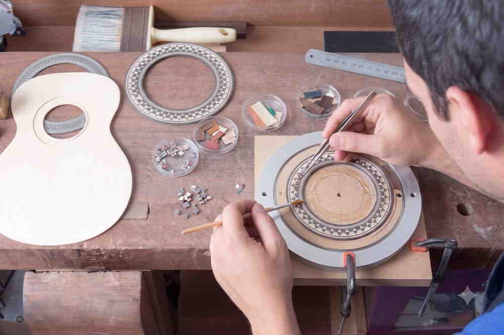 Gitarrenbauer arbeitet an einer Gitarrenrosette