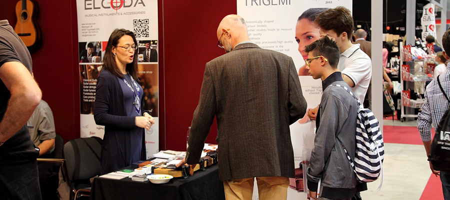 Messestand von Elcoda, exklusiver Händler für Trigemi, auf der Mondo Musica