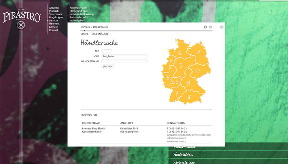 Elcoda in der offiziellen Pirastro-Händlersuche für Deutschland