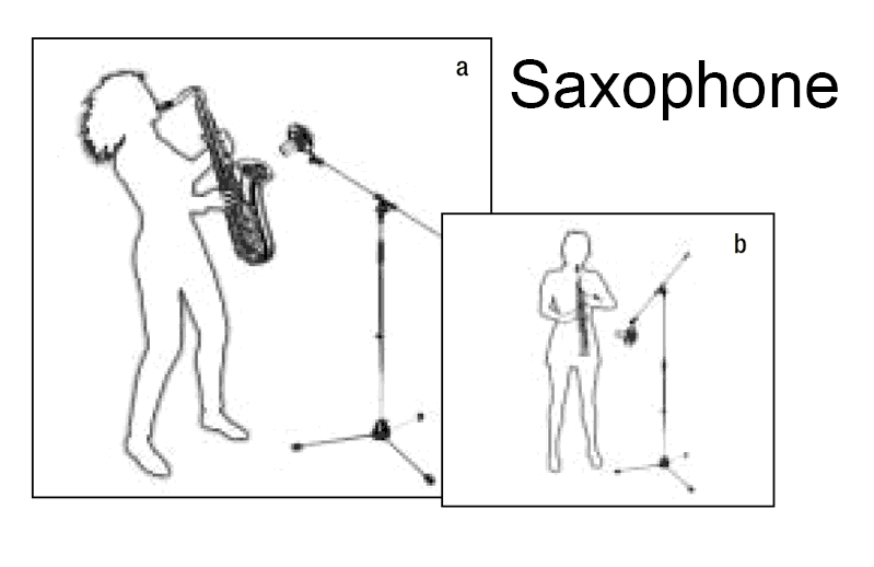 
Tenor and Soprano Saxophones
Aim the microphone at the middle of the instrument from a distance of about 2 to 3 1/2 ft. (50 cm to 1 m).
<br />
<img alt=